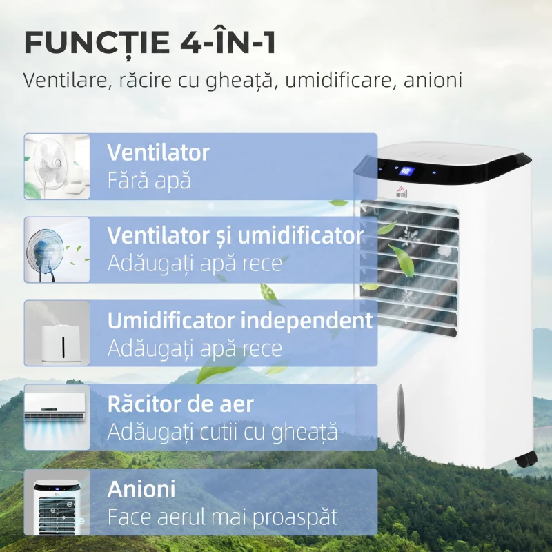 HOMCOM Răcitor 4 în 1 de 10L cu Umidificator, Timer 8h și Telecomandă, 38.2x31.6x76 cm, din ABS, Alb și Negru