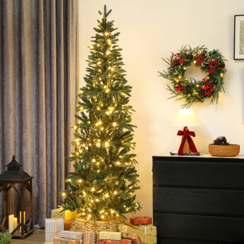 HOMCOM Sapin de Noël artificiel 210 cm, arbre de Noël slim avec 300 lumières 8 modes d'éclairage 826 branches articulées, vert