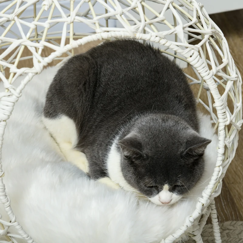 Pawhut Rattan Katzenkorb Katzenhöhle Katzenhütte Katzenbett mit Kissen erhöhtes Design Haustierbett Cremeweiß Ø45 x 57H cm