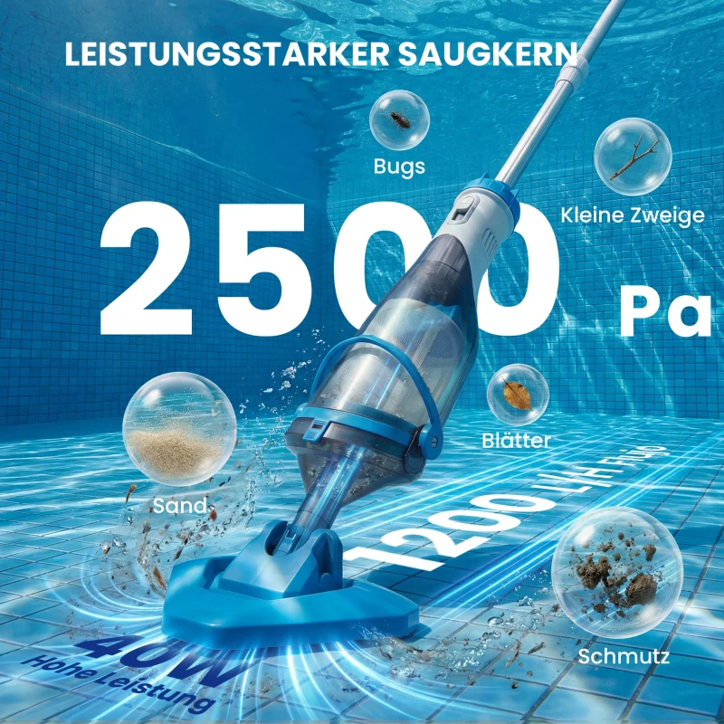 Outsunny Poolreiniger, kabelloser Poolstaubsauger mit 63-150 cm verstellbarem Stiel und Bürste für kleine Pools, Whirlpools und Teiche