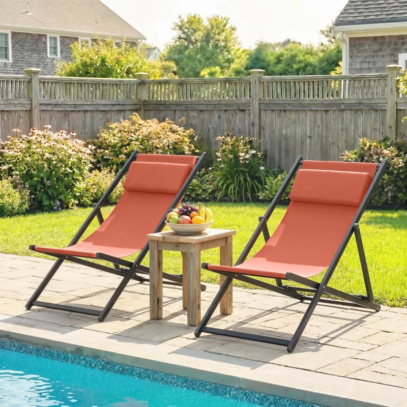Outsunny Lot de 2 bain de soleil, chaise longue pliante avec appuie-tête en textilène inclinable 60 x 100 x 85 cm, rouge brique