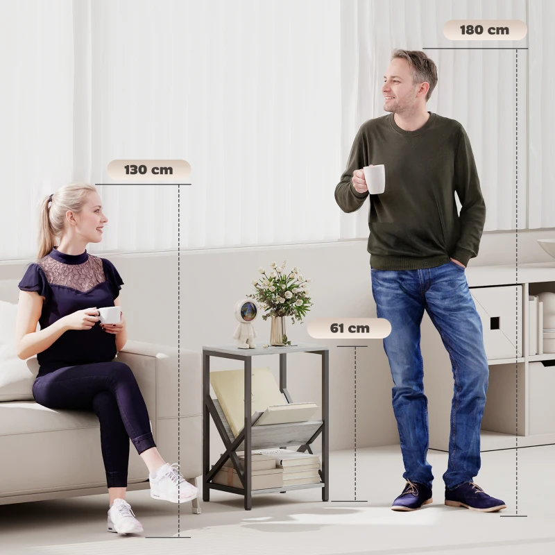 HOMCOM Table d'appoint étroite, bout de canapé rangement à 3 niveaux, porte-revues en V, cadre en acier, 40x30x61cm, gris foncé