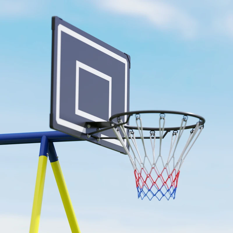 AIYAPLAY Balançoire Portique Enfants 4-en-1, avec Balançoire Nid, Panier de Basket et Cage de Football, Aire de Jeux, Multicolore
