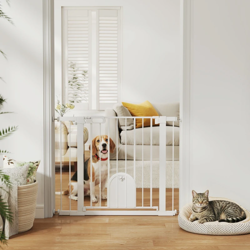 PawHut Barrière de sécurité animaux avec porte fermeture automatique système de double verrouillage, acier blanc