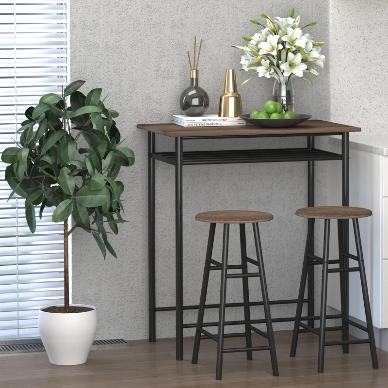 HOMCOM Ensemble Table de Bar Design Industriel + 2 tabourets MDF Imitation Bois Noyer métal Noir