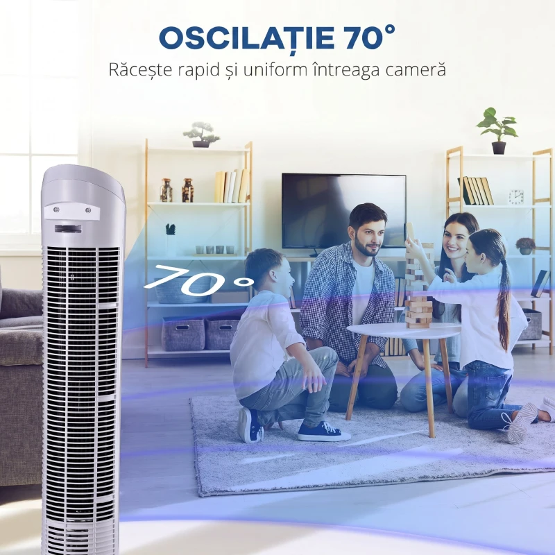 HOMCOM Ventilator turn oscilant de 45W cu 3 trepte de viteză, ventilator coloană din plastic ABS, 27x27x75 cm, alb