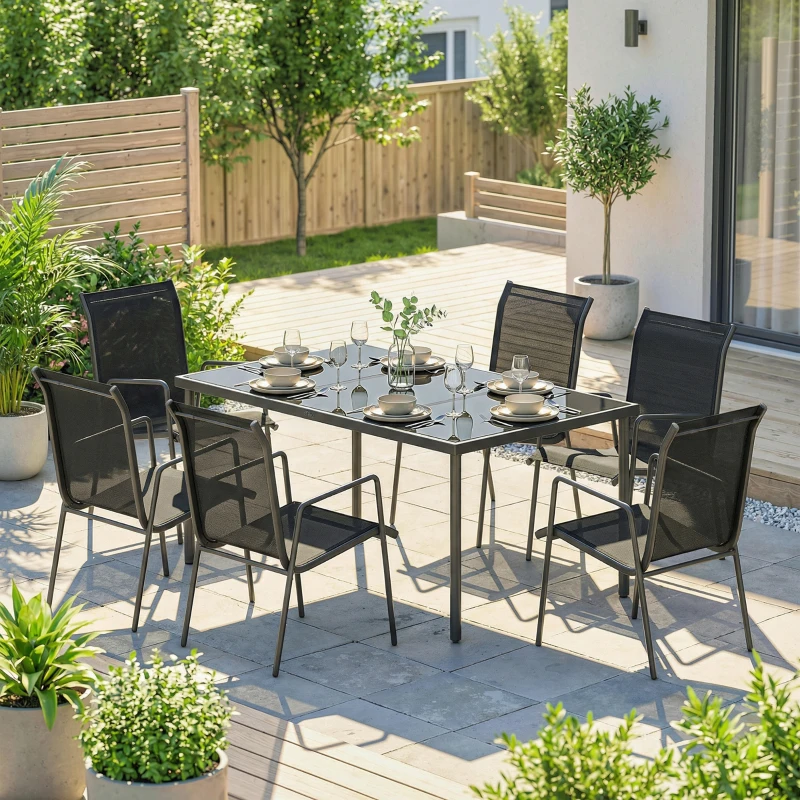 Outsunny Salon de Jardin 6 Personnes Ensemble Table et Chaises Jardin avec Chaises Empilables en Textilène 70x51x87cm Noir