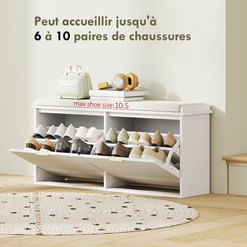 HOMCOM Banc à chaussures avec coussin d'assise rembourré et tiroir rabattable pour couloir, chambre, 104 x 26 x 47,5 cm, blanc