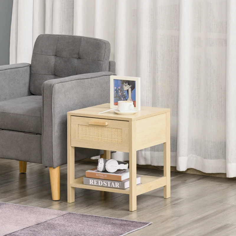 HOMCOM Table de chevet table de nuit avec tiroir et étagère, cannage en rotin, dim. 40L x 40l x 48H cm aspect bois naturel clair