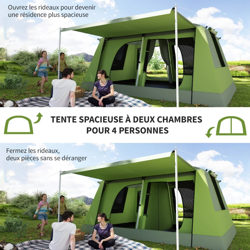 Outsunny Tente de camping avec porche pour 4 personnes légère portable, facile à Installer, sac de transport et crochet, vert