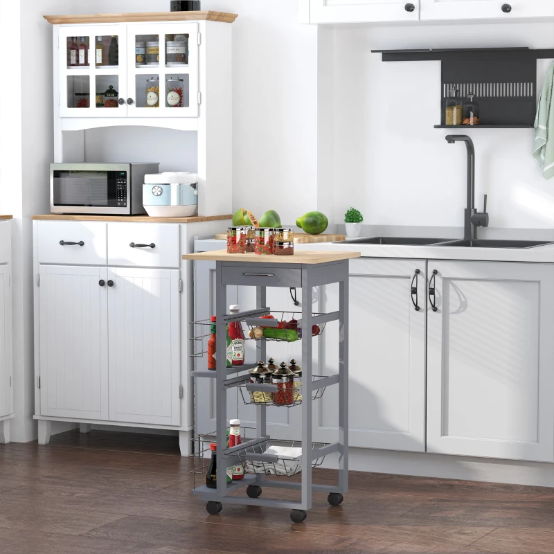 HOMCOM Chariot de service desserte de cuisine à roulettes multi-rangements 3 paniers métal tiroir + 2 range-bouteilles bois pin gris