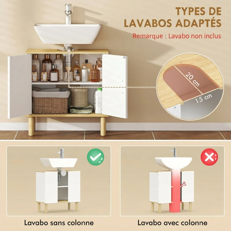 HOMCOM Meuble sous lavabo, meuble de salle de bain avec 2 portes et étagère réglable, 60 x 30 x 61 cm, blanc