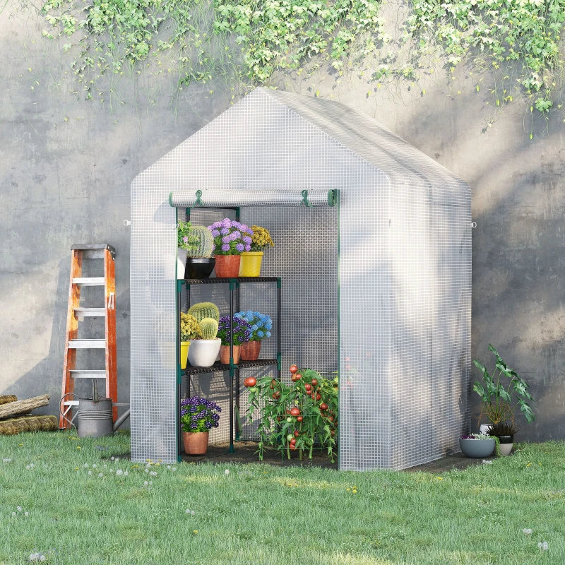 Outsunny Serre de jardin PE avec étagères 2 niveaux, serre de balcon, bâche renforcée 140 g/m², châssis en acier, porte zippée enroulable, pour légumes plantes fleurs, 143x143x195cm, blanc