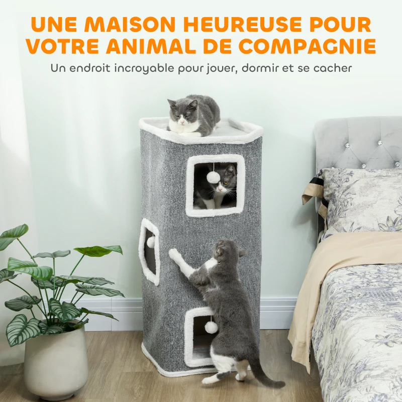 PawHut Tour pour chat 4 niveaux, arbre à chat stable boules de jeu plateforme supérieure bord en peluche, 41x 41 x 100 cm, gris