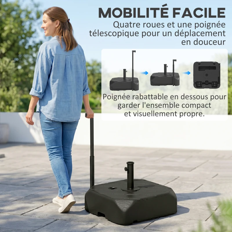 Outsunny Pied de parasol  à roulettes à remplir avec 45 kg d'eau / 72 kg de sable, pour mât de Ø 38 et 48 mm, noir