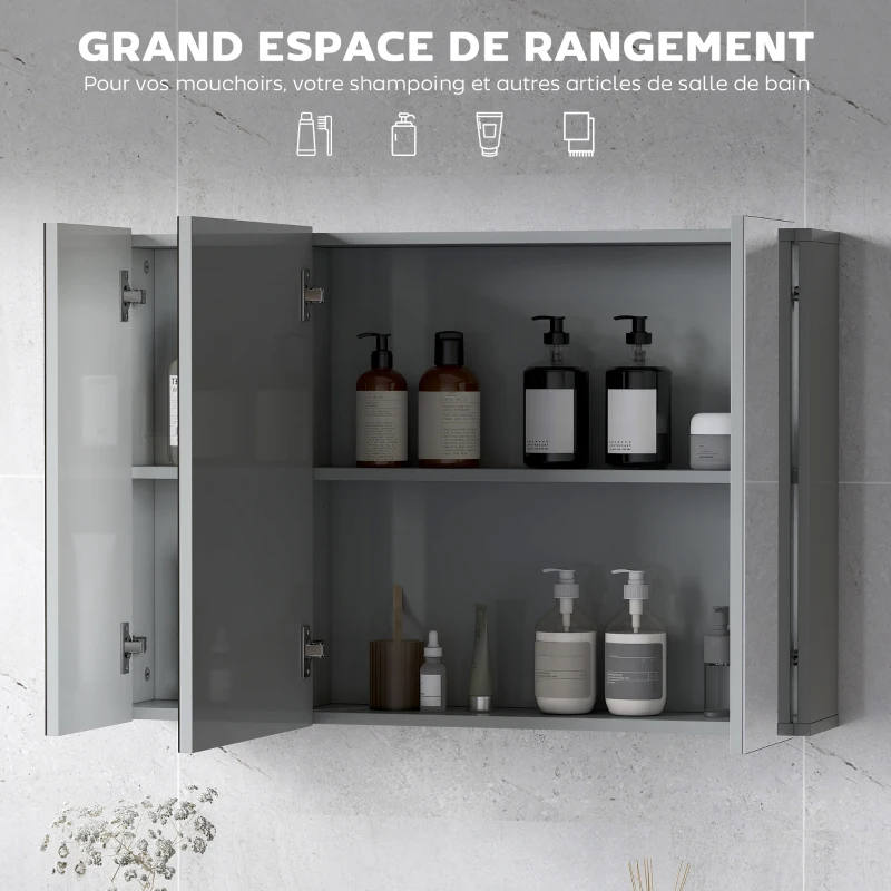 kleankin Armoire murale de salle de bain avec 3 portes miroir et étagères réglables en MDF Gris dim. 90L x 15l x 60H cm
