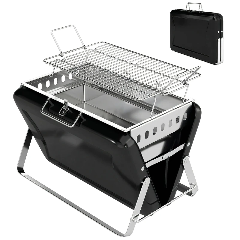 Outsunny Holzkohlegrill aus Edelstahl BBQ Smoker mit Grillrost Griff klappbaren Beinen für Barbeque Camping 40x28x25,5cm Schwarz