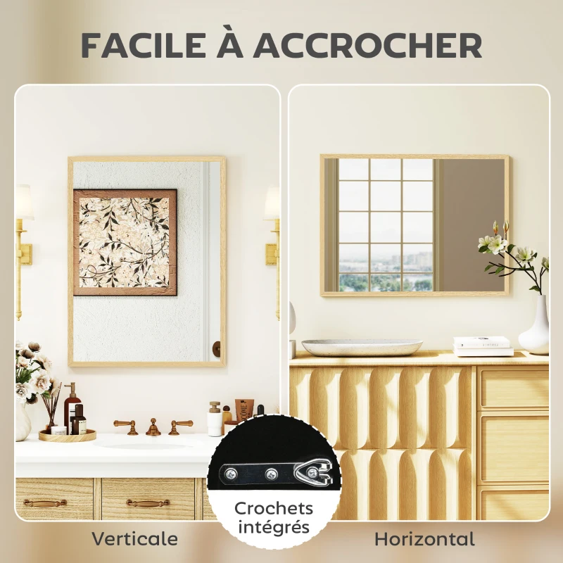 HOMCOM Miroir mural rectangulaire 80 x 60 cm, cadre en bois naturel, idéal pour la salle de bain, salon ou chambre