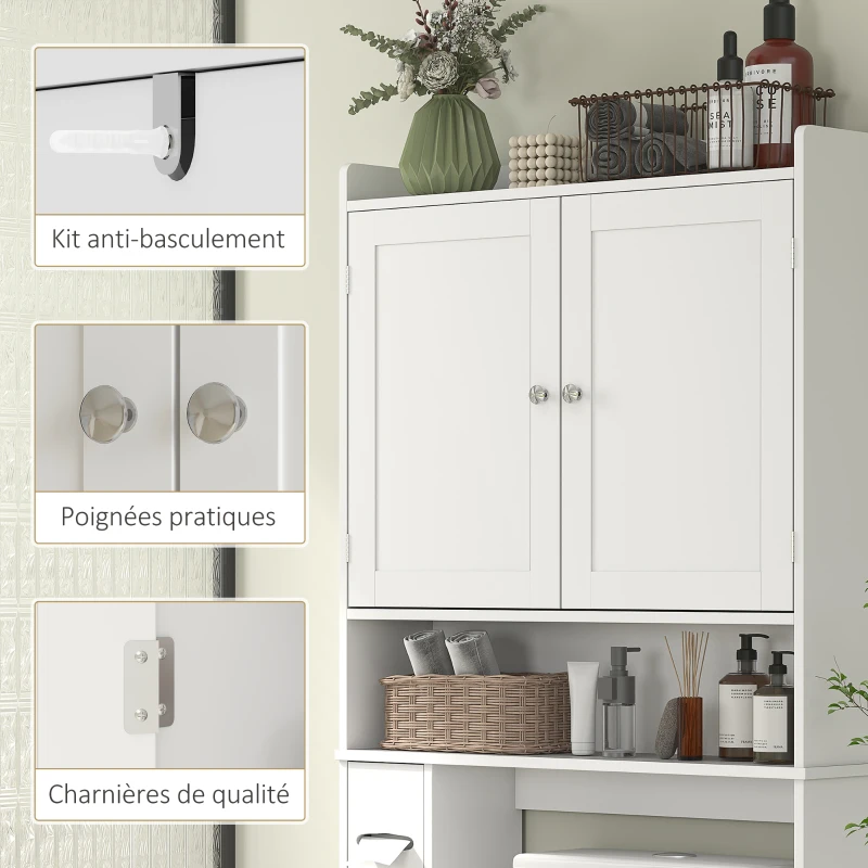 HOMCOM Meuble WC dessus de toilette ou machine à laver, 2 portes, 3 compartiments, porte-papier toilette, 80x19,5x170cm, blanc