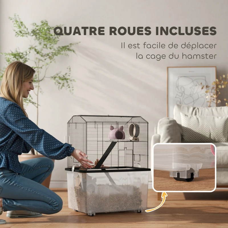 PawHut Cage hamster cage rongeur 3 étages avec roulettes plate-forme et échelle en fil d'acier 57 x 43 x 74 cm noir