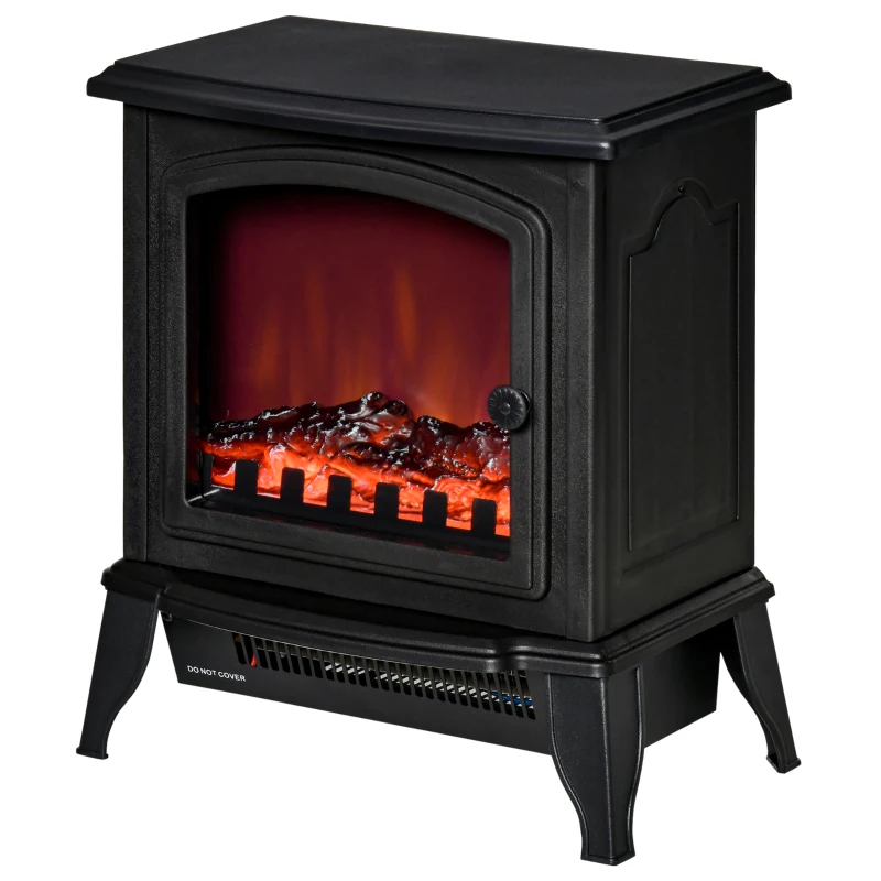 Șemineu Electric Portabil HOMCOM 1000W/2000W cu Efect de Flacără, din ABS și Sticlă Temperată, 36,5x24x45,5 cm, Negru