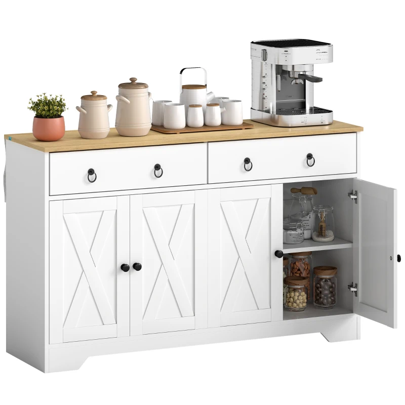 HOMCOM Buffet meuble de rangement armoire de cuisine style rural 2 tiroirs et 2 placards étagères à hauteurs réglables blanc