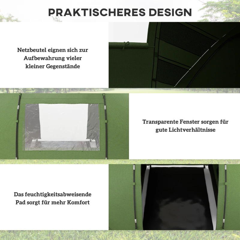 Outsunny Tunnelzelt für 4-6 Personen, Campingzelt mit Tür, Bodenplane, 2000mm wasserdicht Grün