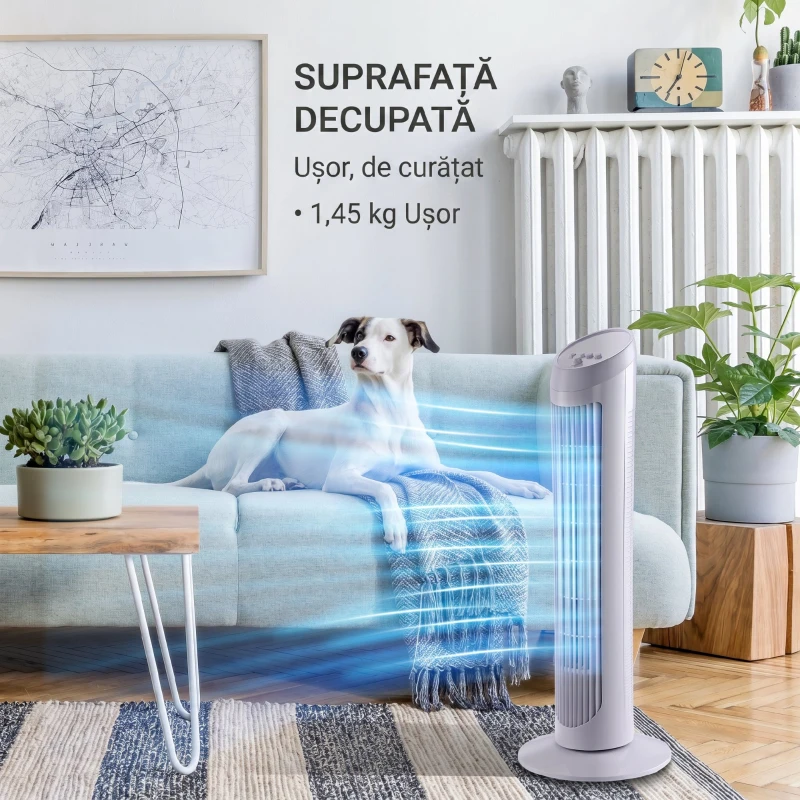 HOMCOM Ventilator turn oscilant de 45W cu 3 trepte de viteză, ventilator coloană din plastic ABS, 27x27x75 cm, alb