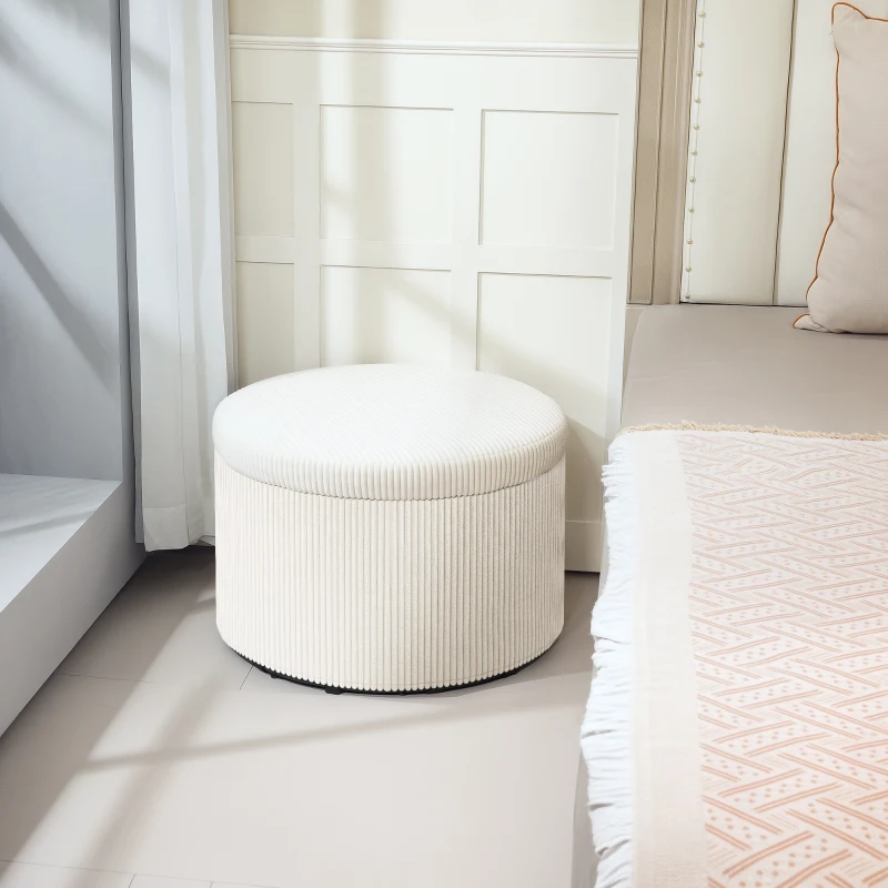 HOMCOM Pouf coffre rangement, tabouret rond, pouf repose-pieds en velours côtelé, charge 120 Kg, Ø 60 x 41 cm, beige