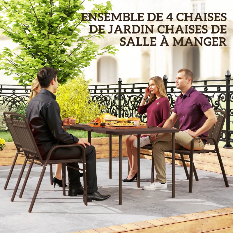 Outsunny Lot de 4 chaises de jardin chaises empilables d'extérieur haut dossier et accoudoirs cadre acier 56x66x91cm marron foncé