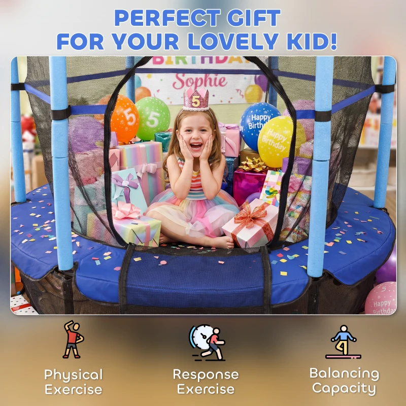 HOMCOM Trambulină Elastică pentru Copii Ø1,6x1,9 m cu Plasă de Siguranță și Stâlpi Căptușiți, Vârsta 3-10 Ani, Albastră