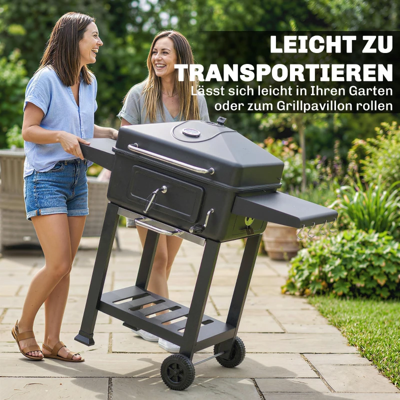 Outsunny Holzkohlegrill BBQ Smoker mit Deckel Thermometer höhenverstellbar Kohlepfanne Grillrost Seitentisch Aschefach