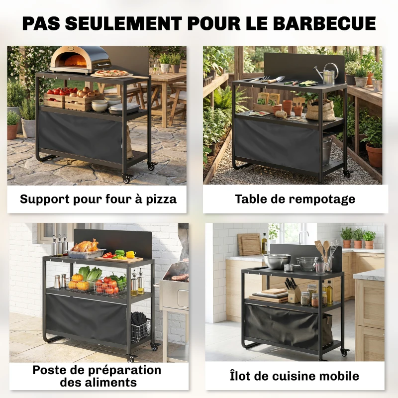 Outsunny Chariot de Barbecue Desserte de Jardin Mobile avec Pare-vent 3 Niveaux Rideau Oxford 100x46x110cm Noir