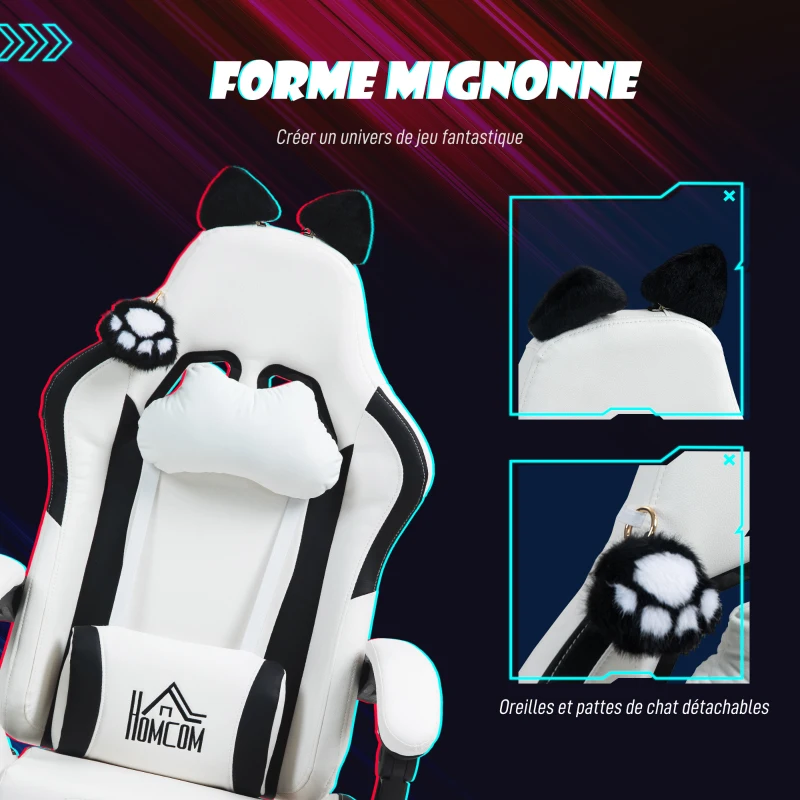 HOMCOM Chaise gaming ergonomique avec Oreilles de Chat, fauteuil gamer avec dossier inclinable, 65 x 62 x 124 cm, blanc