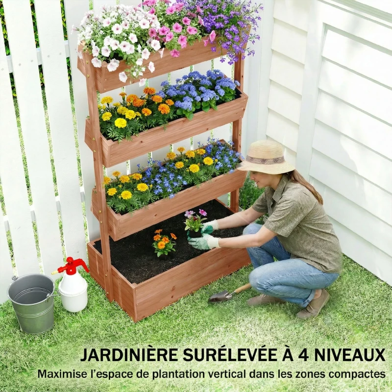 Outsunny Jardinière Surélevée en Bois avec 4 Étages, avec Trous de Drainage et Doublure en Tissu, 85x45x140cm, Marron