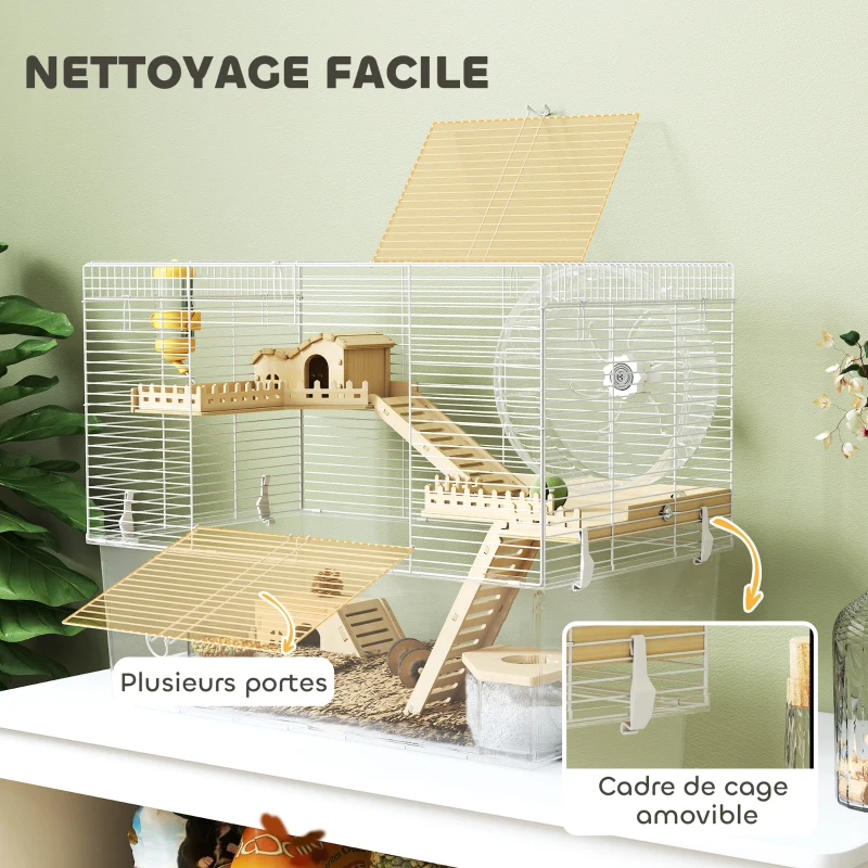PawHut Cage à hamster à 3 niveaux, cage rongeur avec roue d'exercice, plateau profond transparent, 59 x 35,5 x 47 cm, blanc