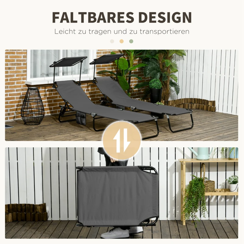 Outsunny 2er Set Sonnenliege klappbar Gartenliege mit Sonnendach 5-Fach höhenverstellbarer Rückenlehne Dunkelgrau