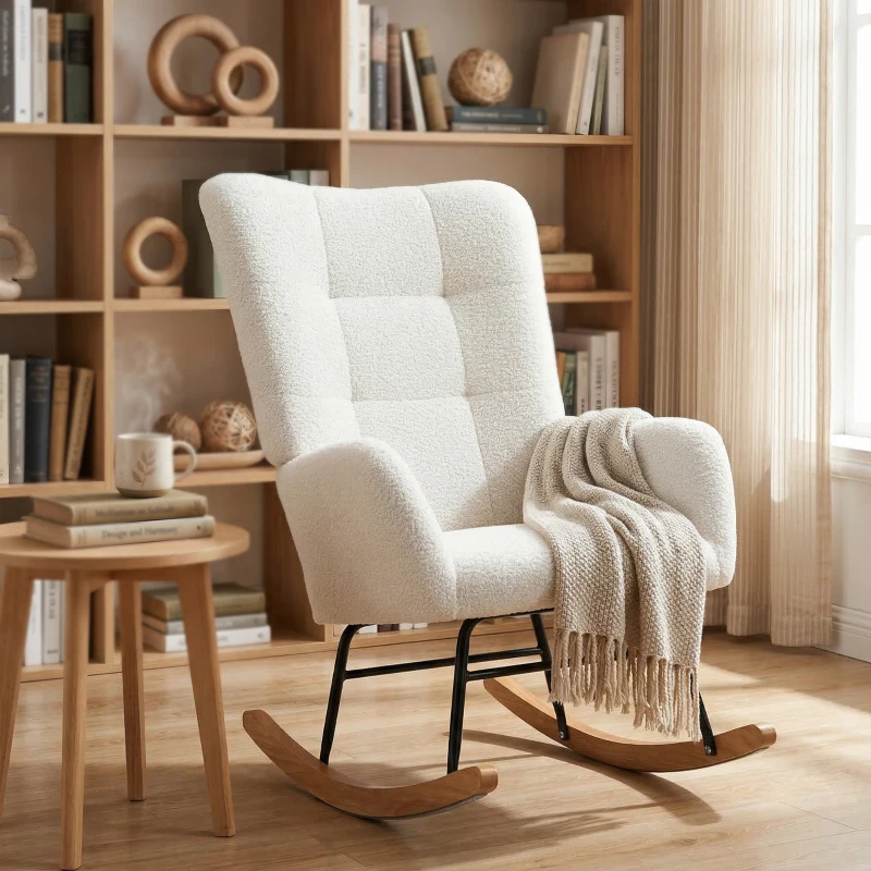 HOMCOM Fauteuil à bascule en tissu effet laine bouclée avec pieds en bois massif d'hévéa pour chambre, salon, crème