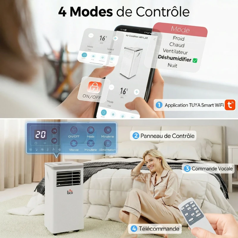 HOMCOM Climatiseur mobile 10000BTU, climatiseur portable 4 en 1 refroidissement déshumidificateur ventilateur mode nuit, blanc