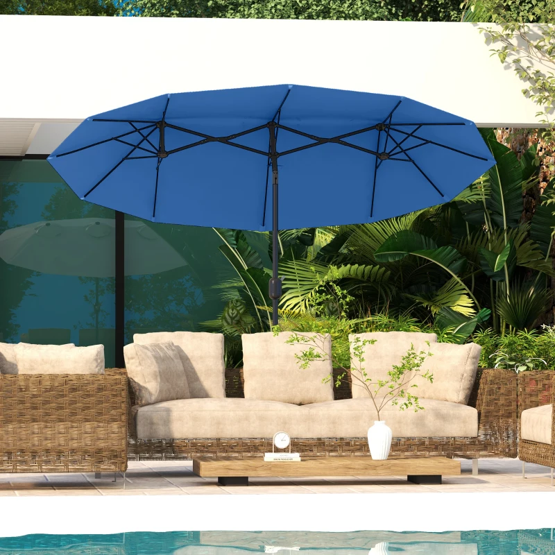 Outsunny Sonnenschirm, Gartenschirm, neigbar, mit Handkurbel, Winddach, Polyester+Stahl, Marineblau, 285 x 147 cm