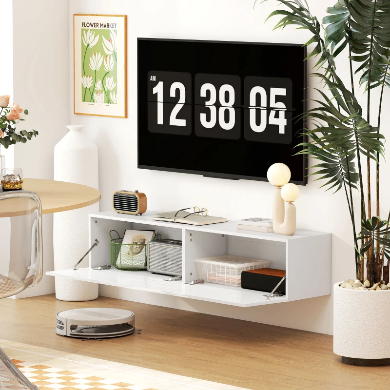 HOMCOM Meuble TV suspendu pour téléviseur jusqu'à 45 55 65 pouces avec 2 placards à portes, 140 x 33 x 29,8 cm, blanc