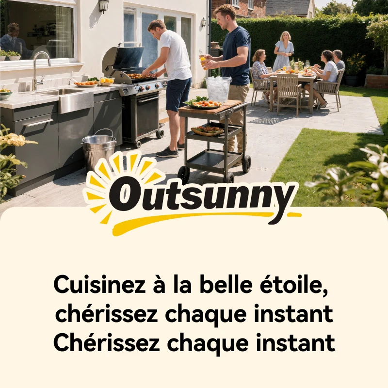 Outsunny Chariot de Barbecue Desserte de Jardin Mobile avec Pare-vent 3 Niveaux Rideau Oxford 100x46x110cm Noir