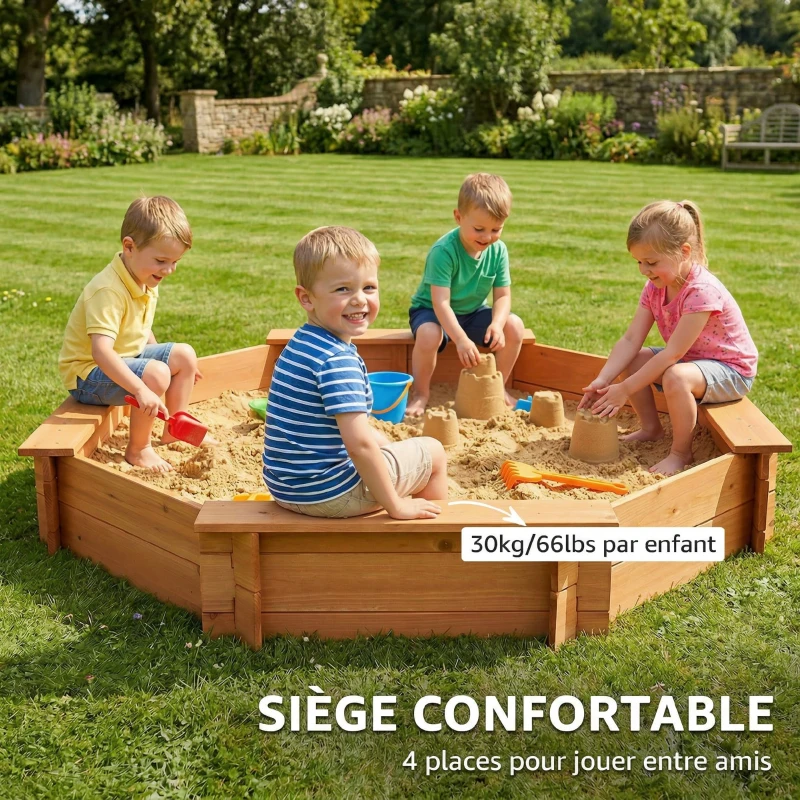Outsunny Bac à sable en bois massif, octogonal, 140x140x21,5cm, 4 bancs avec bâche de couverture et sol non tissé, protection UV, facile à installer, jeux extérieur pour jardin, maison, plage, orange