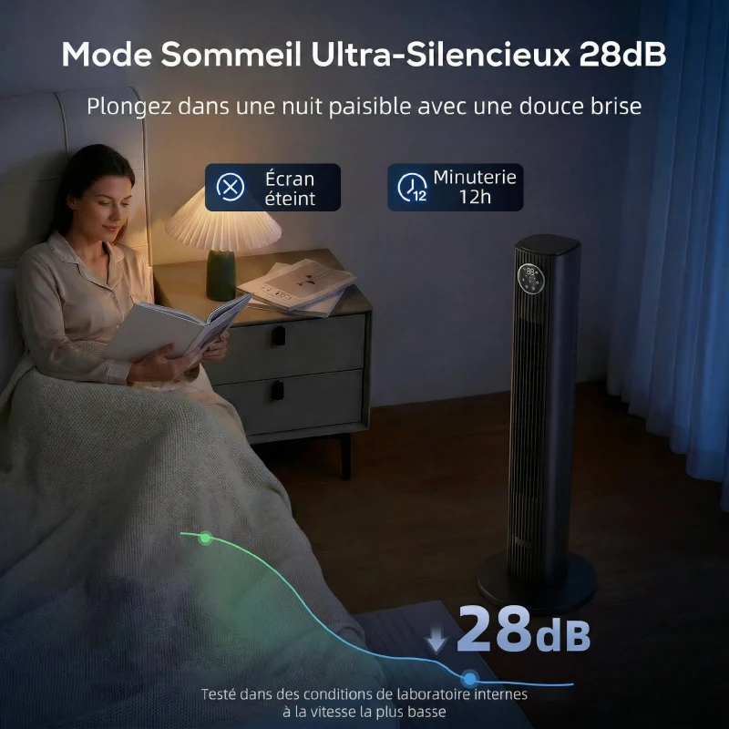 HOMCOM Ventilateur colonne silencieux 28dB, vitesse 8m/s, ventilateur tour chambre, 12 vitesses, 4 modes, minuterie 12H, noir