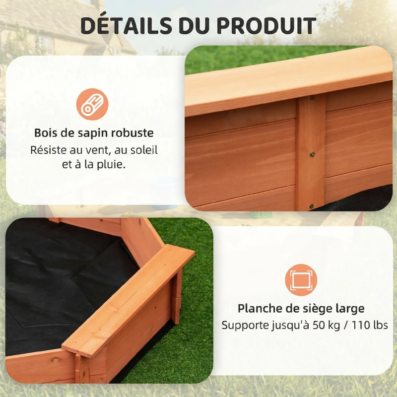 Outsunny Bac à sable en bois massif, octogonal, 140x140x21,5cm, 4 bancs avec bâche de couverture et sol non tissé, protection UV, facile à installer, jeux extérieur pour jardin, maison, plage, orange