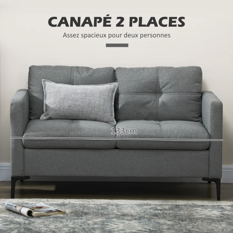 HOMCOM Canapé 2 places contemporain piètement métal noir tissu aspect lin gris foncé