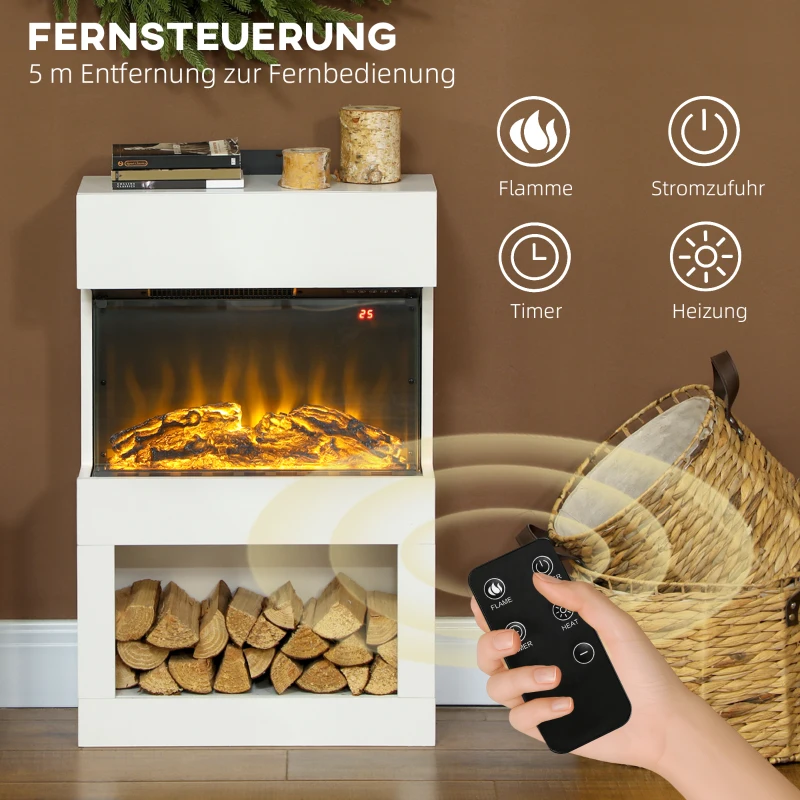 HOMCOM Elektrischer Kamin, 2 Heizstufen, 6 Flammenfarben, Thermostat, Fernbedienung, Weiß