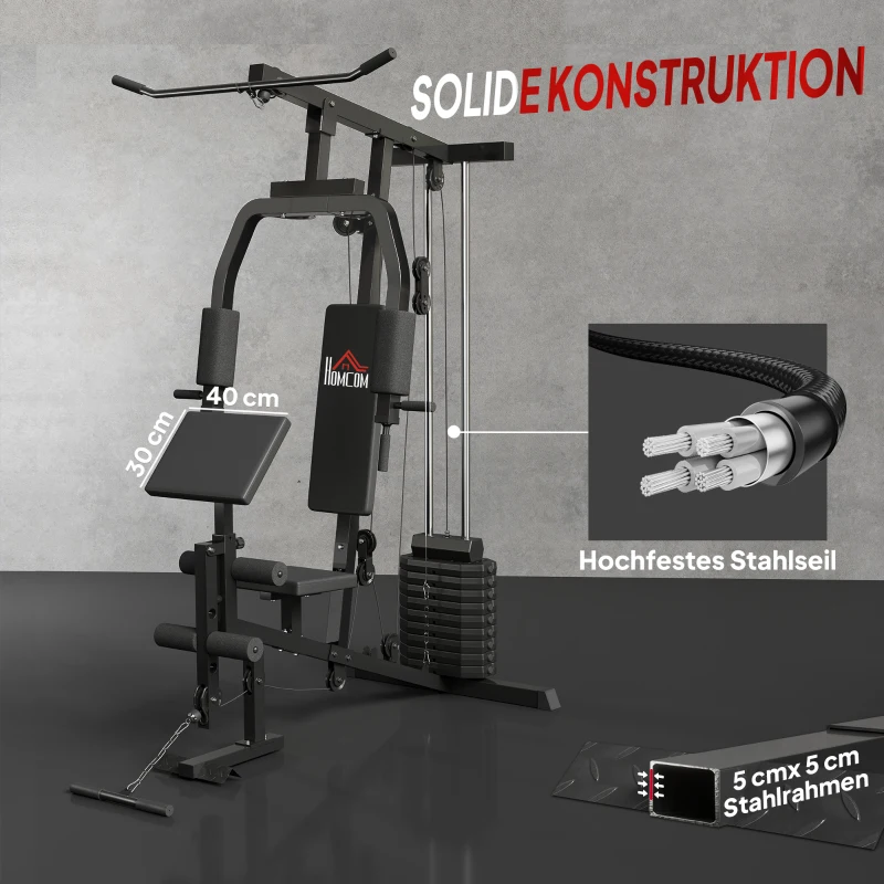 HOMCOM Kraftstation für Zuhause Fitnessstation mit Latzuggerät, Kabelzug, kurzer Bizepsstange, Brustpresse, Beintrainer, Butterfly-Maschine 45kg Gewichten Multifunktion Fitnessstation Schwarz