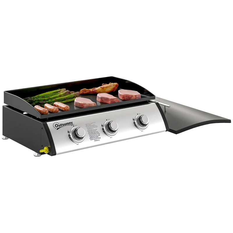 Outsunny Plancha gaz 3 brûleurs 7,5 kW, surface cuisson 61 x 35,5 cm avec couvercle, gaz liquéfié/propane, 63 x 47 x 25 cm noir