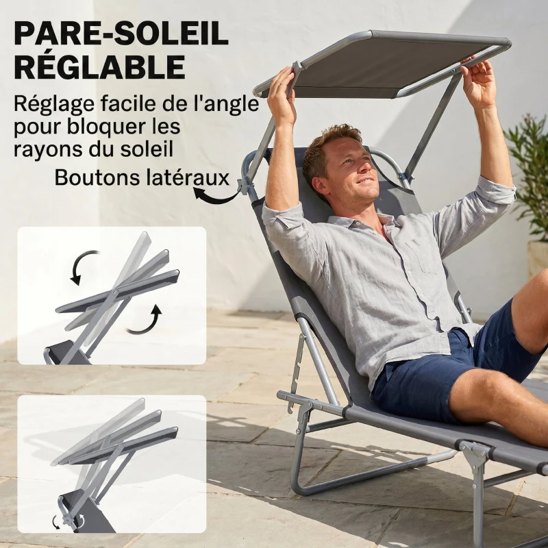 Outsunny Transat Bain de Soleil Pliable Chaise Longue Pliante Grand Confort Dossier Inclinable Multi-positions et Pare-Soleil réglable Dim. 187L x 58l x 36H cm Gris